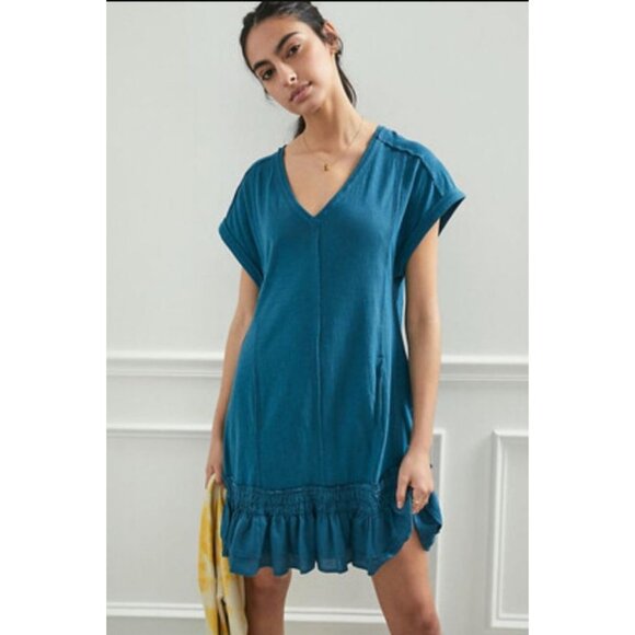 Anthropologie Daily Practice Solana Ruffled Tunic Dress Mini Teal Blue Medium - Picture 1 of 10